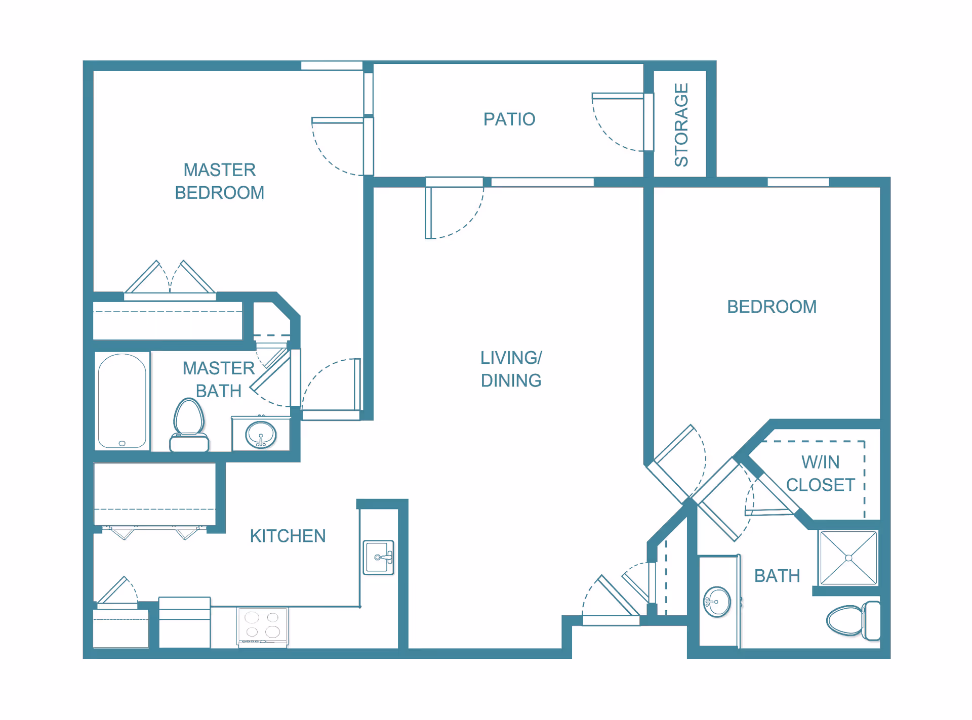 Architectural floor plan of an apartment unit at Asher Point Independent Living of Sherman showing a master bedroom with attached master bath, a second bedroom with walk-in closet and bath, a kitchen, a living/dining area, a patio, and a storage room.