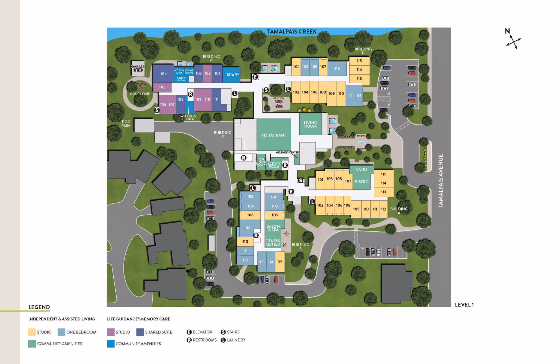Floor plan map of Atria Tamalpais Creek senior living facility showing multiple buildings labeled A, B, C, D, and E with various room numbers and community amenities such as a restaurant, living room, salon & spa, fitness center, wellness center, library, bistro, patio, courtyard, dog park, and covered patio. The map includes parking areas, pathways, and a legend indicating independent & assisted living and life guidance memory care areas, along with symbols for elevator, stairs, restrooms, and laundry. The map is oriented with north at the top and Tamalpais Avenue on the right side.