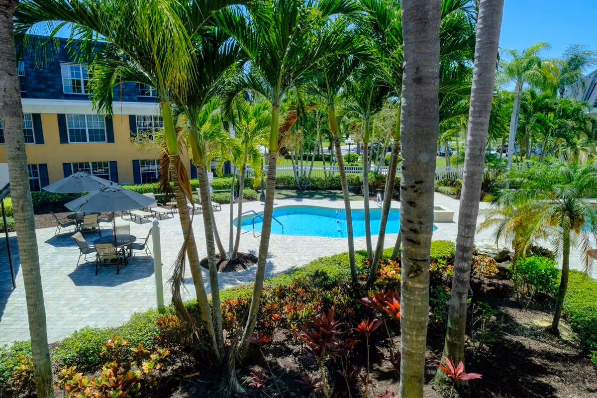 Outdoor view of a senior living facility courtyard featuring a swimming pool surrounded by palm trees and landscaped plants. There are patio tables with umbrellas and chairs on a paved area next to the pool, with a multi-story building in the background under a clear blue sky.