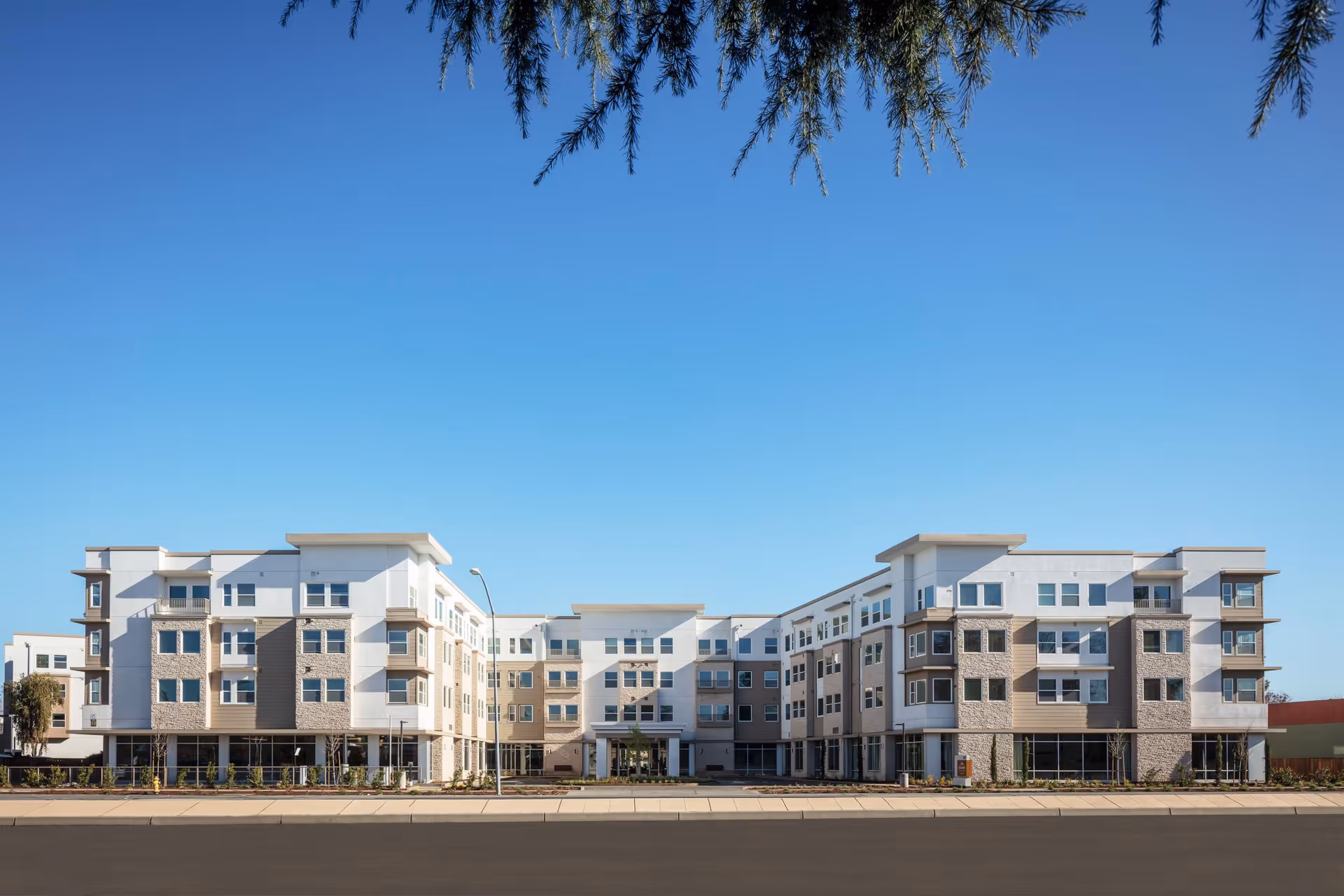 Exterior view of a modern, multi-story senior living facility building under a clear blue sky with a tree branch partially visible at the top.