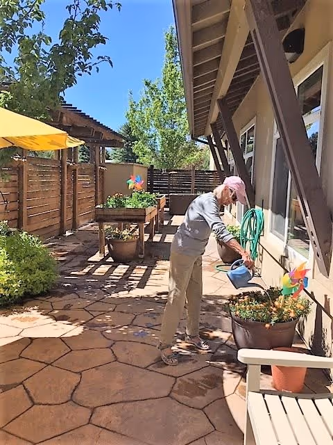 An elderly person wearing a pink cap waters plants in large pots on a sunny patio with stone flooring. The patio is adjacent to a building with large windows and wooden beams. There are colorful pinwheels in the plant pots, a wooden fence, and a yellow umbrella providing shade in the background.