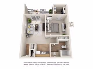 3D floor plan of a one-bedroom apartment featuring a living room with sofa and TV, a kitchen with appliances, a bedroom with a bed and dresser, a bathroom with a toilet and shower, and a balcony area.