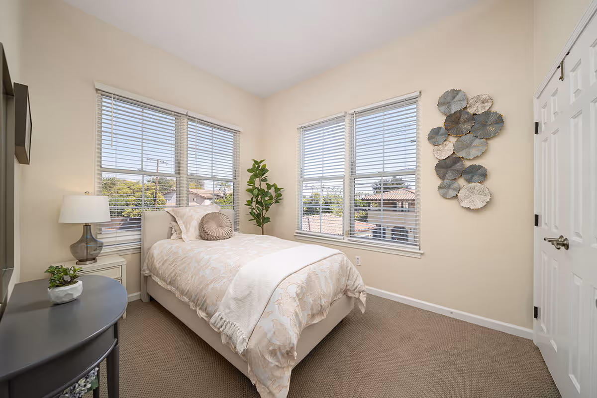 A bright bedroom with a single bed dressed in light-colored bedding and a decorative pillow. The room has two large windows with white blinds, a small bedside table with a lamp, a green potted plant in the corner, and a wall decoration featuring circular metal art pieces. The walls are painted beige and the floor is carpeted.