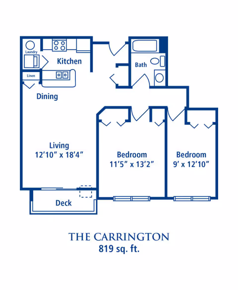 Floor plan of The Carrington apartment at ProHealth Regency Senior Communities New Berlin, showing a layout with two bedrooms, one bathroom, a kitchen, dining area, living room, laundry, linen closet, and a deck. The total area is 819 square feet.