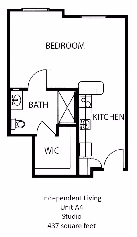 Floor plan of an independent living studio unit labeled Unit A4 with 437 square feet. The layout includes a bedroom, kitchen, bathroom, and walk-in closet (WIC).