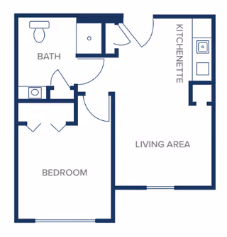 Floor plan of a living space showing a bedroom, bathroom, kitchenette, and living area with labeled rooms and doors.