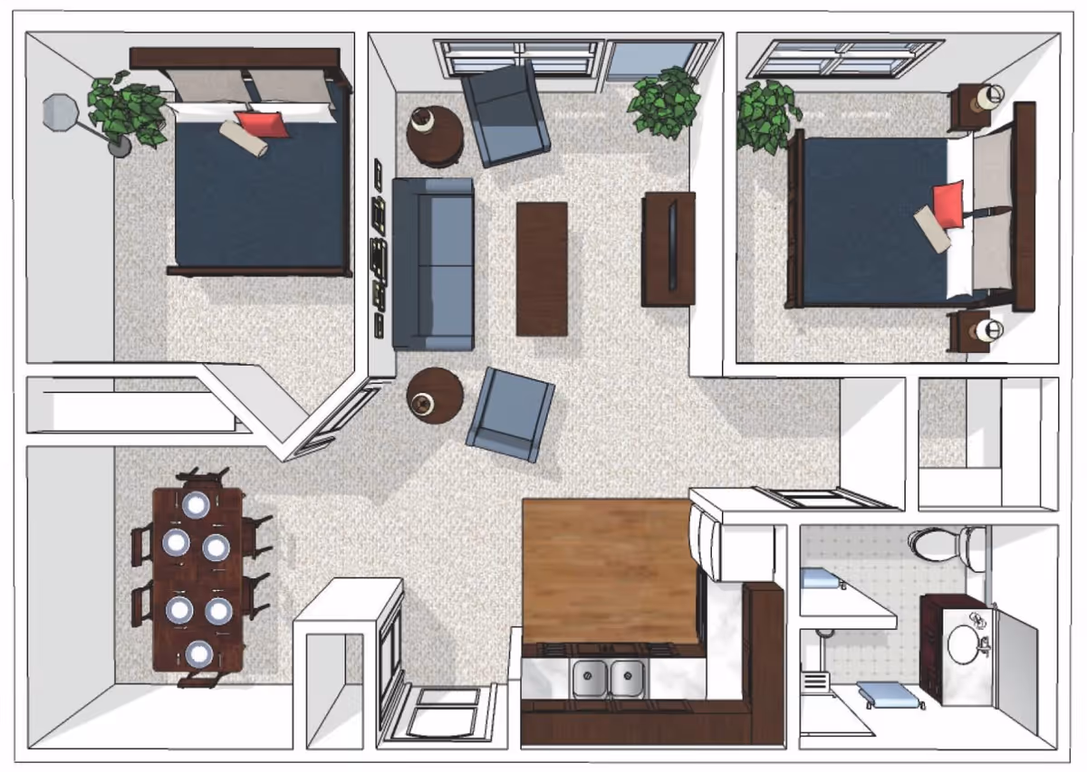 Top-down floor plan of a living space showing two bedrooms, a living room with sofa and chairs, a dining area with a table set for six, a kitchen with a sink and counter space, and a bathroom with a toilet, sink, and shower.