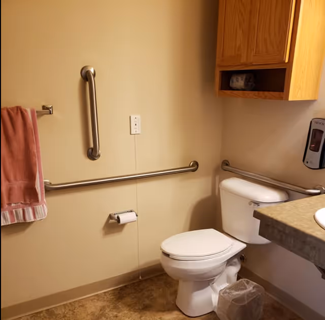 A bathroom with beige walls featuring a white toilet with grab bars on the walls around it. There is a pink towel hanging on a towel rack to the left, a wooden cabinet mounted on the wall above the toilet, a soap dispenser on the right wall, and a countertop with a sink partially visible on the right side. A small trash bin is placed on the floor next to the toilet.