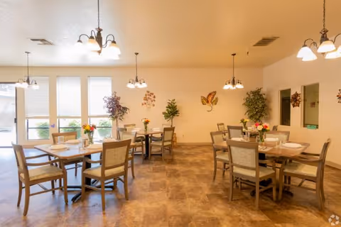 A bright dining room with several wooden tables and chairs arranged neatly. Each table has a small vase with flowers. The room has large windows letting in natural light, wall decorations including a butterfly and floral designs, and hanging light fixtures from the ceiling. There are also some potted plants placed around the room.