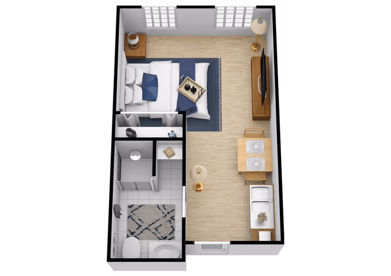 3D floor plan of a small studio apartment featuring a bedroom area with a bed, pillows, and a nightstand, a living area with a TV on a stand and a floor lamp, a dining table set for two, a kitchenette with a sink, and a bathroom with a toilet, sink, and shower. The apartment has wooden flooring in the main area and tiled flooring in the bathroom.