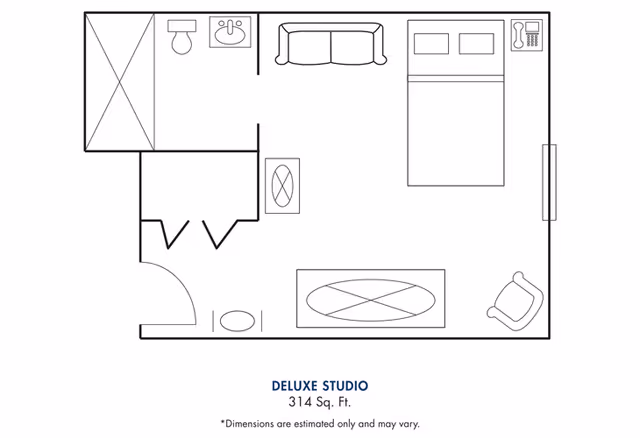 Floor plan of a deluxe studio apartment measuring 314 square feet, showing a combined living and sleeping area with a bed, sofa, chair, coffee table, and a small bathroom with a toilet and sink.