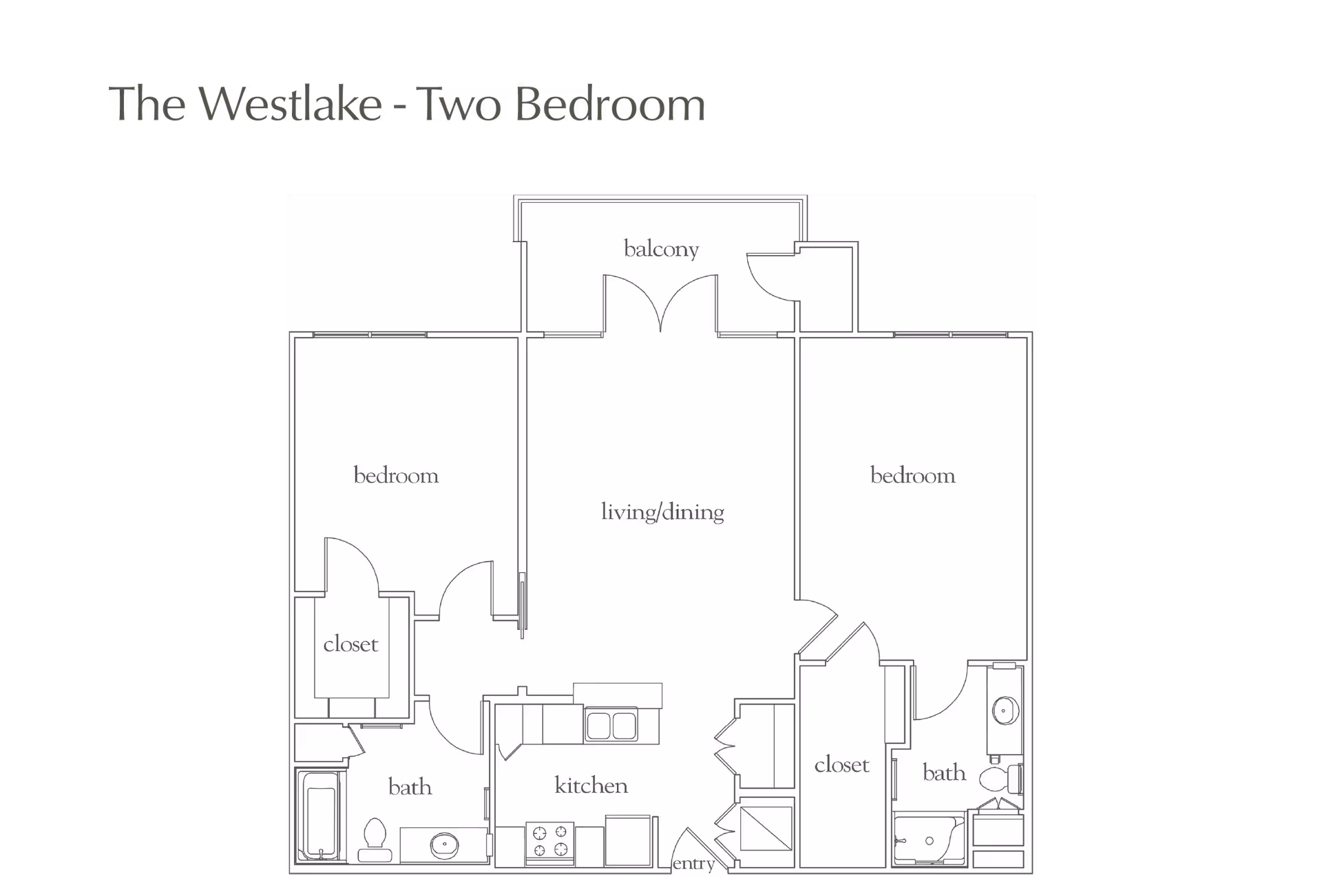 Floor plan titled The Westlake - Two Bedroom showing two bedrooms each with a closet, two bathrooms, a kitchen, a living/dining area, an entry, and a balcony.