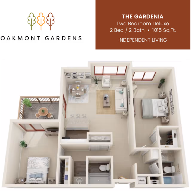 3D floor plan of The Gardenia, a two-bedroom deluxe independent living apartment with 2 bathrooms and 1015 square feet. The layout includes a living room with sofa and chair, a dining area with table and chairs, a kitchen with a breakfast bar and stools, two bedrooms each with a bed and nightstands, two bathrooms, a mechanical room, and a balcony with outdoor seating.