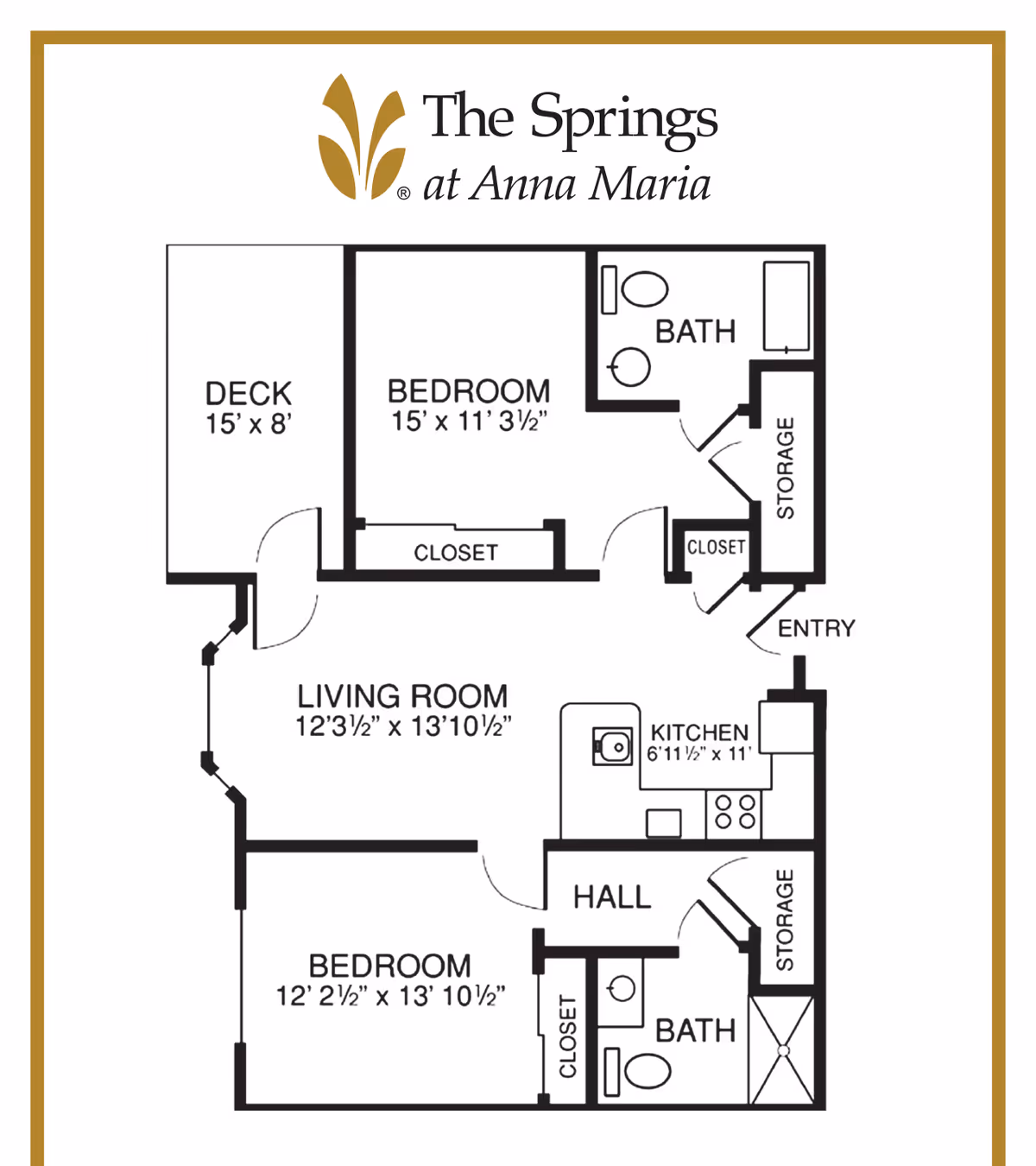 Floor plan of a senior living unit at The Springs at Anna Maria showing two bedrooms, two bathrooms, a living room, kitchen, hall, storage areas, closets, an entry, and a deck.