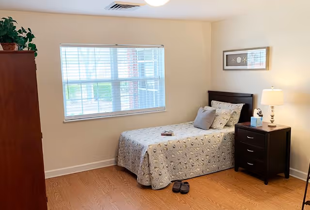 A simple, clean bedroom with a single bed covered in a patterned quilt, a nightstand with a lamp and a box of tissues, a framed picture on the wall, a window with blinds, a wooden dresser with a plant on top, and a pair of slippers on the wooden floor.