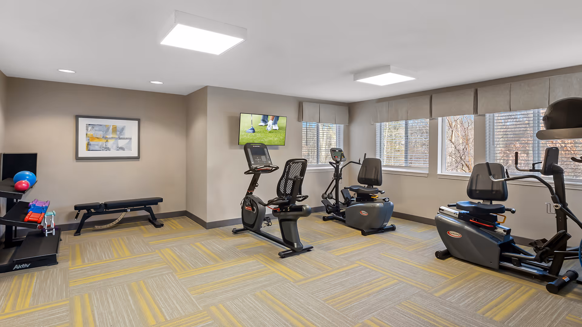 A well-lit fitness room with exercise equipment including stationary bikes, a bench, dumbbells, and exercise balls. The room has large windows with blinds, a wall-mounted TV showing a golf game, and patterned carpet flooring in shades of gray and yellow.