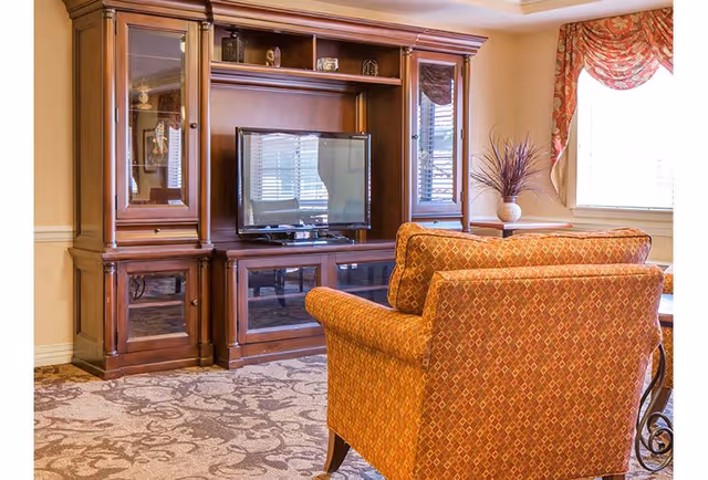 A cozy living room area featuring a patterned orange armchair facing a wooden entertainment center with a flat-screen TV. The room has beige walls, a window with red patterned curtains, and a vase with decorative branches on a side table.