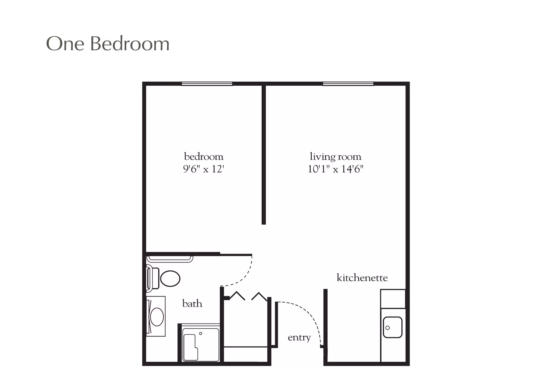 Floor plan of a one-bedroom apartment showing a bedroom measuring 9 feet 6 inches by 12 feet, a living room measuring 10 feet 1 inch by 14 feet 6 inches, a bath, an entry area, and a kitchenette.