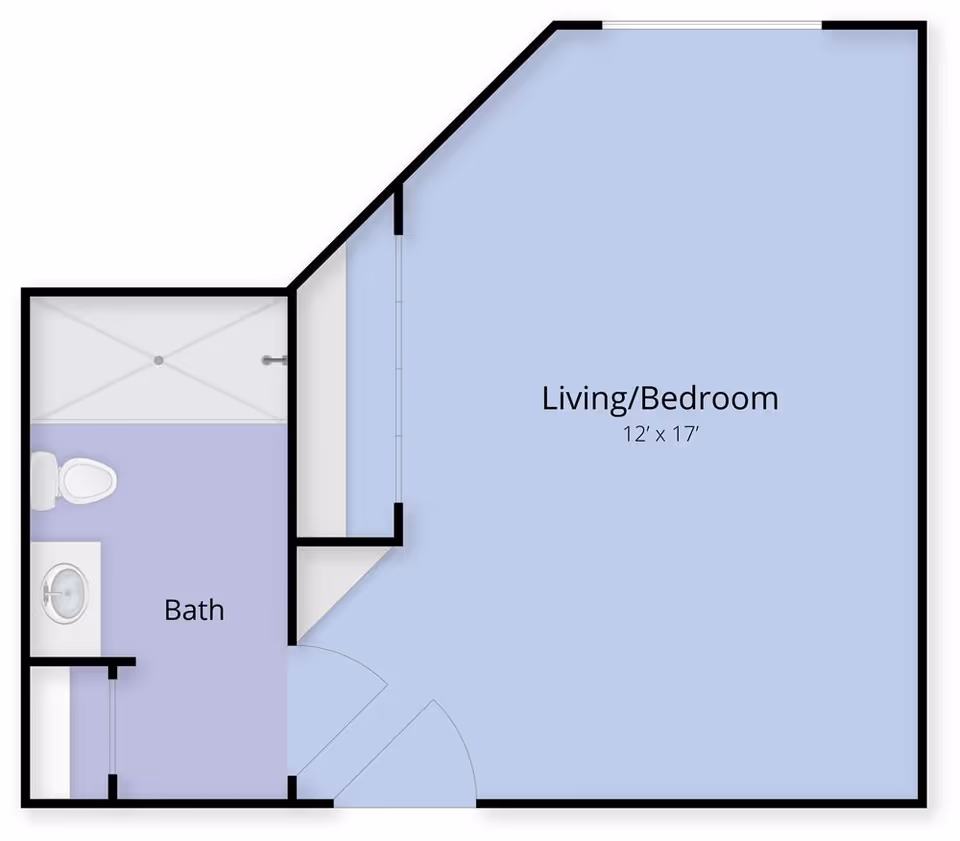 Floor plan of a small living space at Juniper Village at Preston Hollow showing a combined living and bedroom area measuring 12 by 17 feet, and an adjacent bathroom with a toilet, sink, and shower.