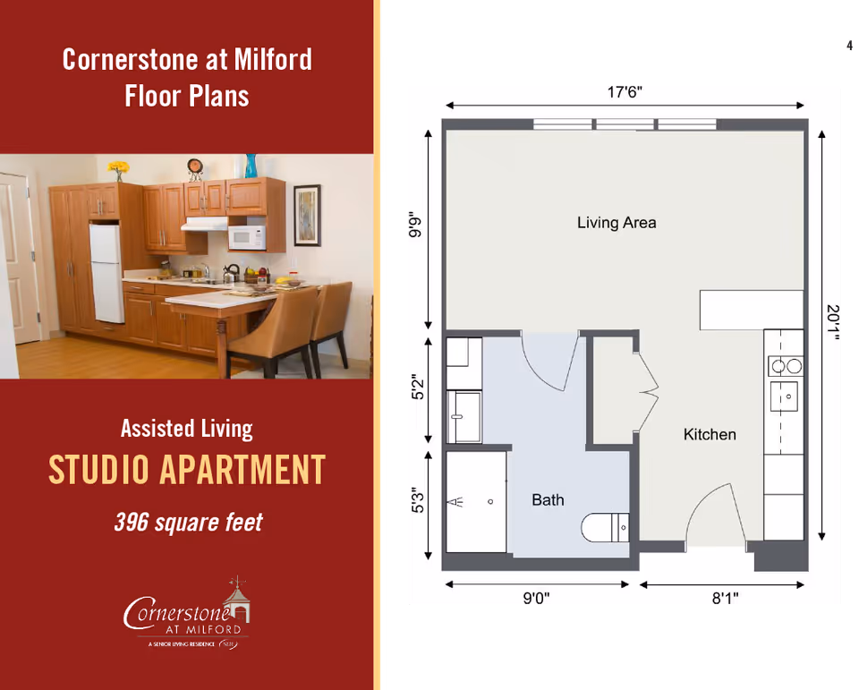 Promotional split image showing a kitchenette photo on the left and a detailed studio apartment floor plan labeled 396 square feet on the right for Cornerstone at Milford.