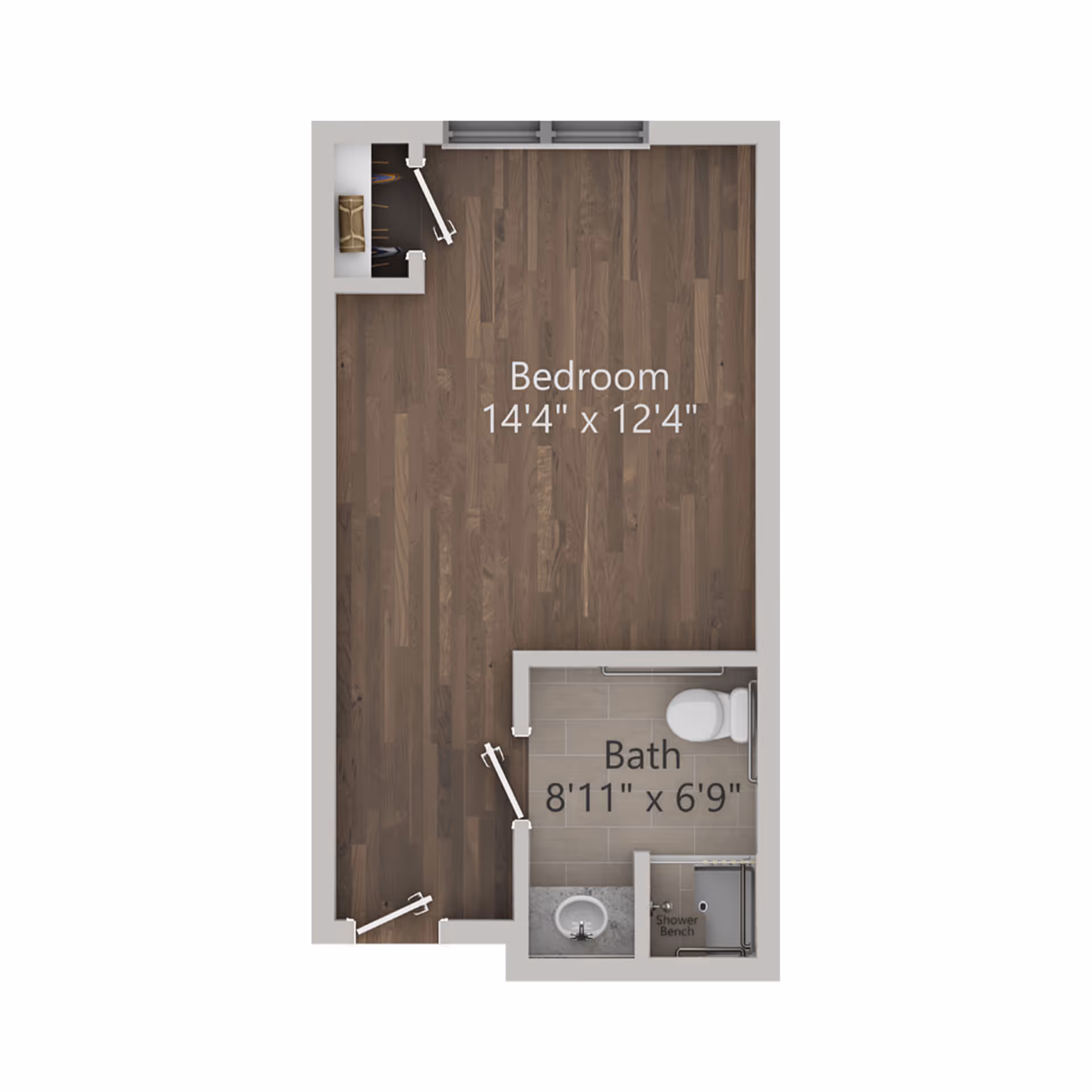 Floor plan layout showing a bedroom measuring 14 feet 4 inches by 12 feet 4 inches, connected to a bathroom measuring 8 feet 11 inches by 6 feet 9 inches with a shower bench, toilet, and sink.