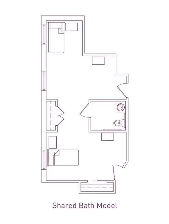 Floor plan diagram of a shared-bath apartment with two beds, a living area and one shared bathroom.