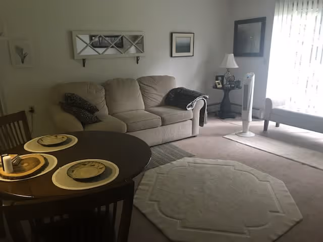 A cozy living room with a beige sofa adorned with two dark patterned pillows and a throw blanket. A round wooden dining table with four chairs is set with placemats and plates. The room has a light-colored carpet with a decorative rug in the center. A small side table with a lamp and framed pictures sits near a window with vertical blinds, allowing natural light to fill the space.