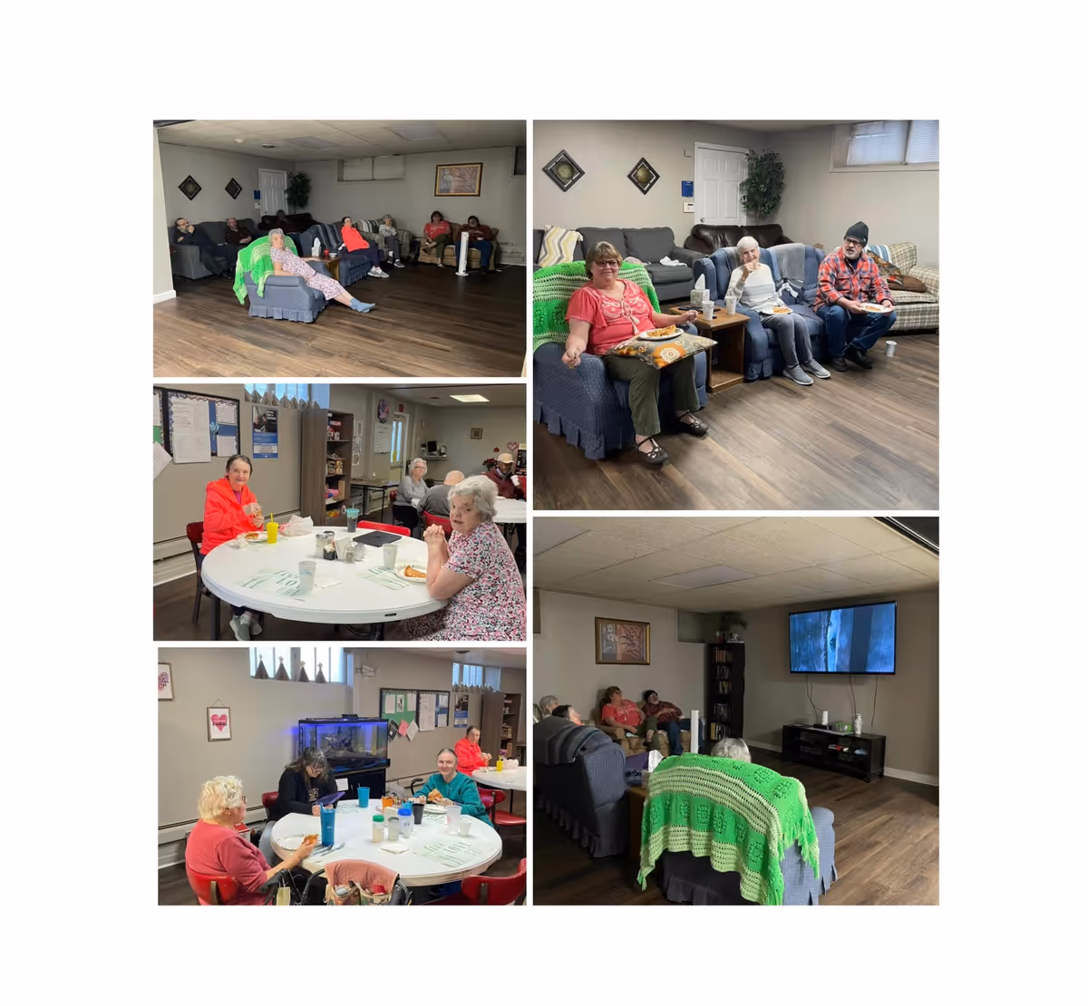 Collage of images showing elderly residents in a senior living facility named Willows Personal Care Home. The images depict residents sitting on couches and armchairs in a living room watching TV, and others sitting around round tables eating meals in a dining area. The rooms have wood flooring, neutral-colored walls, and some decorations like framed pictures and plants.