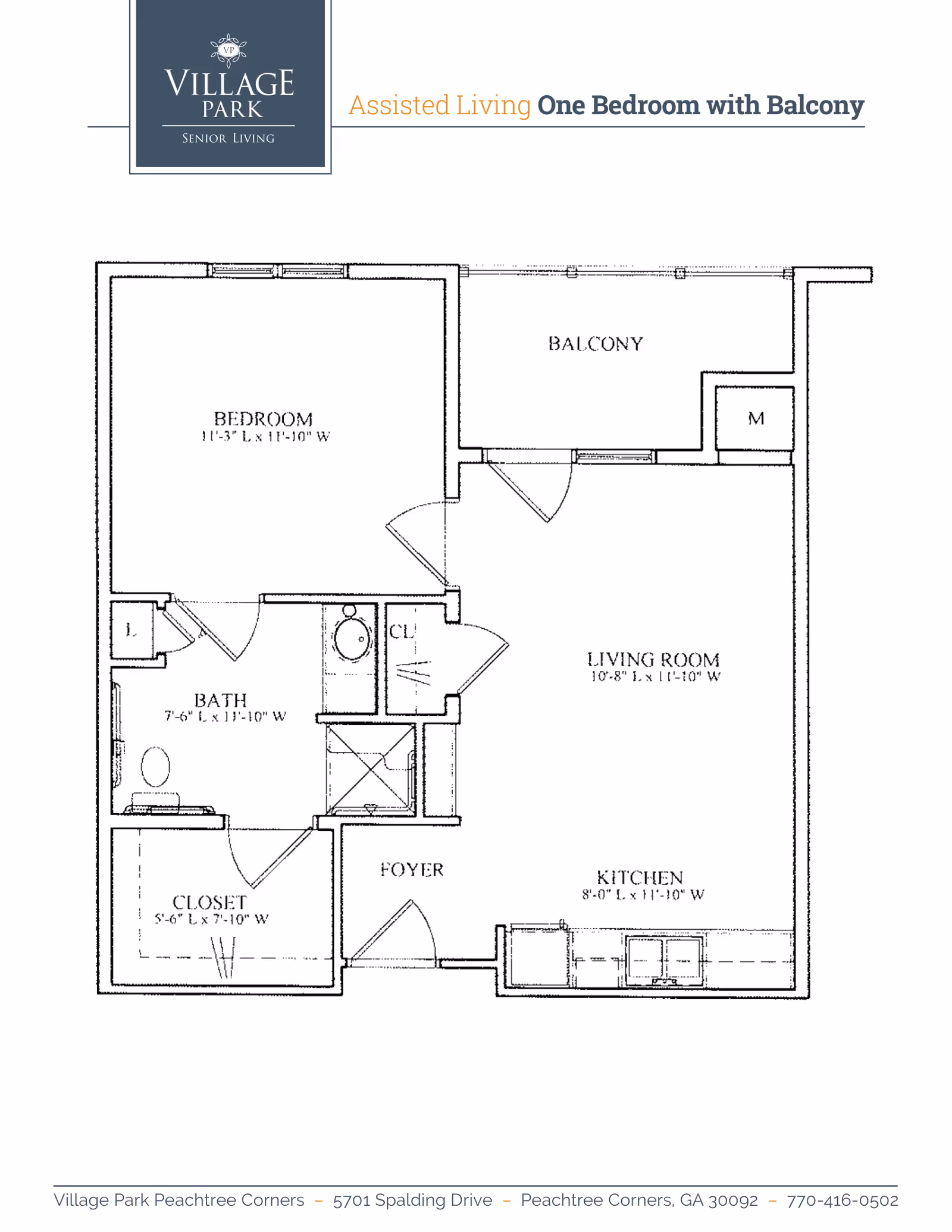 Floor plan of an assisted living one-bedroom apartment with a balcony at Village Park Senior Living. The layout includes a bedroom, bathroom, closet, foyer, kitchen, living room, and balcony. Dimensions for each room are provided.