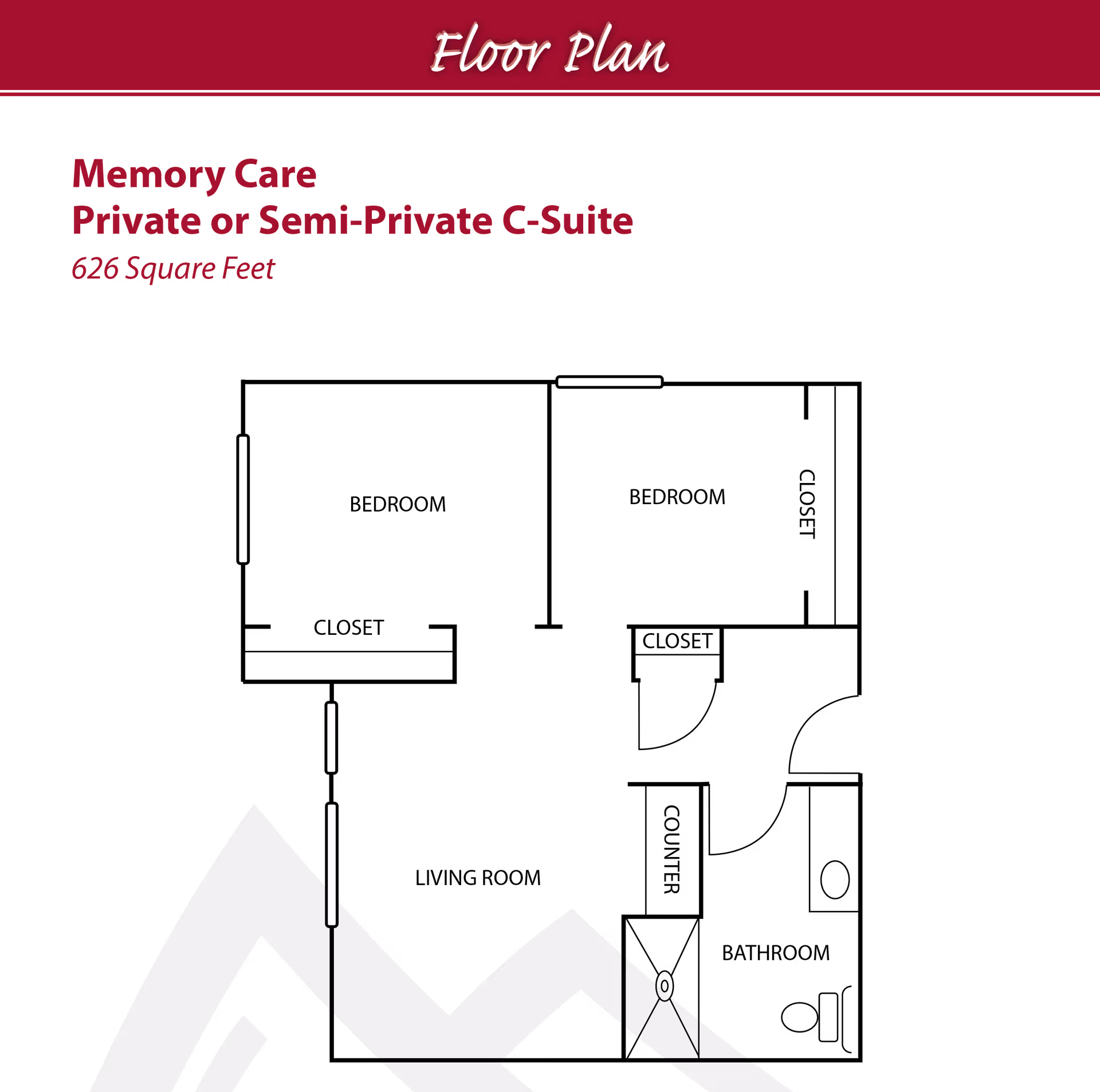 Floor plan layout for Memory Care Private or Semi-Private C-Suite at Cascades of Bend Retirement Community, showing a 626 square feet space with labeled areas including bedroom, bathroom, and living space.