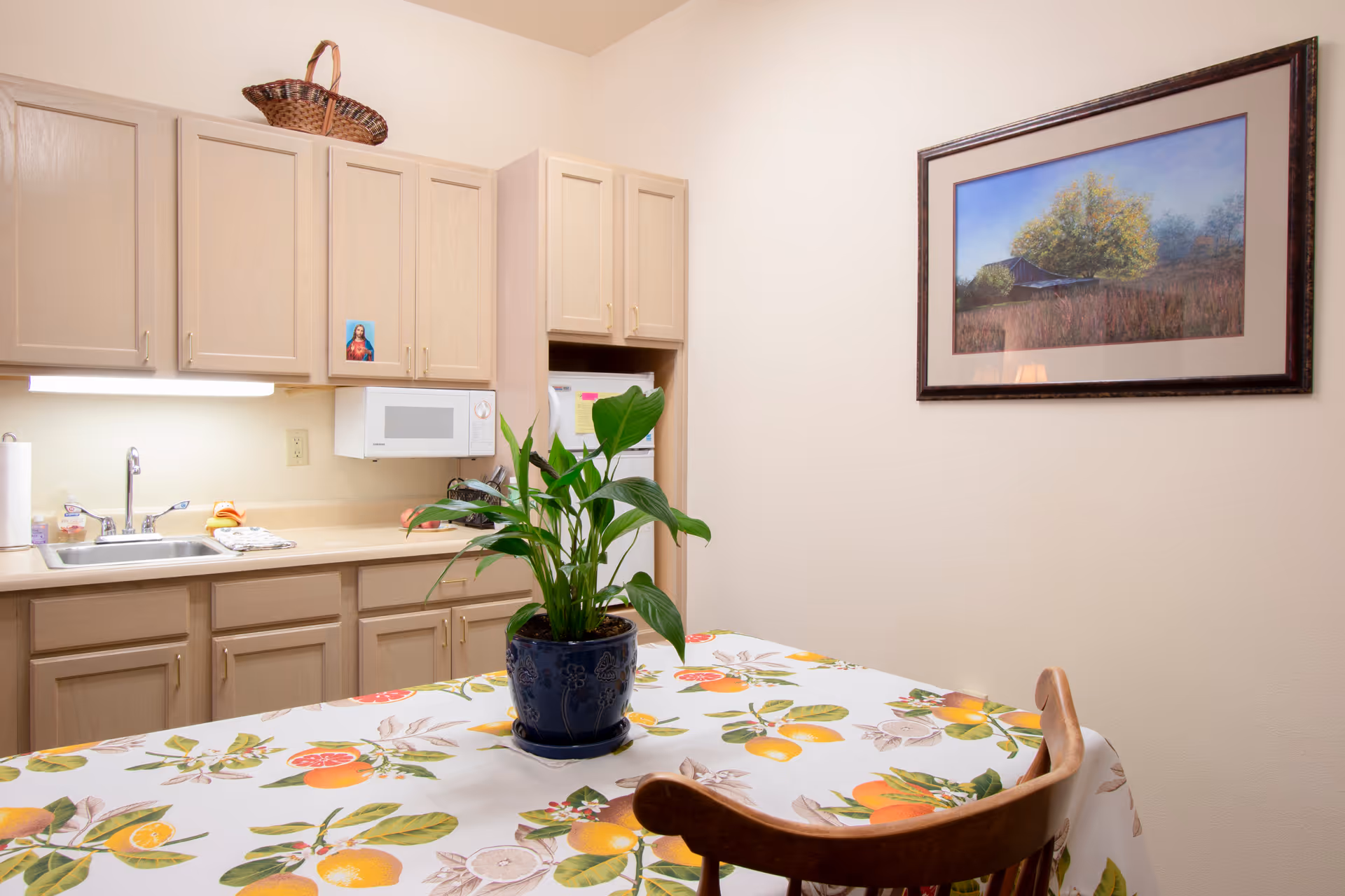 A small kitchen area with light wood cabinets, a sink, a microwave, and a refrigerator. A table with a colorful fruit-patterned tablecloth and a potted green plant is in the foreground. A framed landscape painting hangs on the wall.