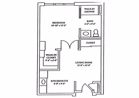Black and white architectural floor plan of a senior living unit at Eastcastle Place, showing a bedroom, walk-in closet, kitchenette, living room, bathroom with walk-in shower, and closets with dimensions labeled.