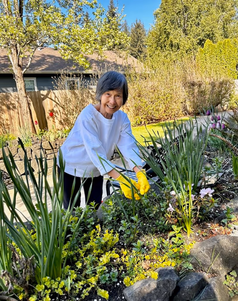 An elderly woman wearing a white sweater and yellow gardening gloves is tending to plants in a garden bed outdoors. She is smiling and surrounded by green plants and flowers, with trees and a house visible in the background under a clear blue sky.