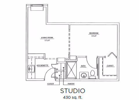 Floor plan of a studio apartment at Bloom at Kokomo showing a living room measuring 11 by 9 feet, a kitchenette, a closet, a pantry, a bathroom with a sink, toilet, and shower, and a bedroom measuring 13 by 9 feet with a closet. The total area is 430 square feet.