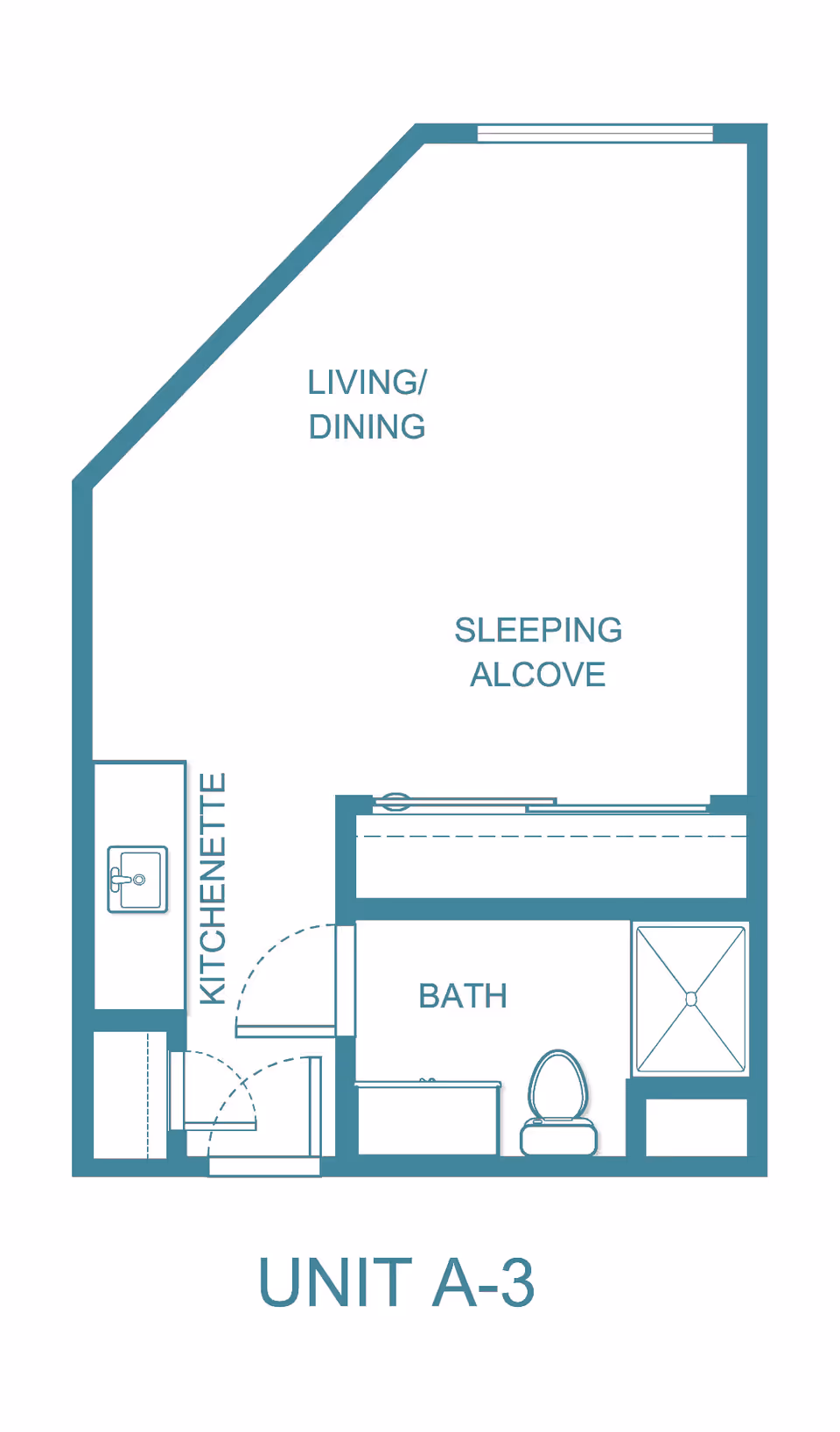 Floor plan layout of Unit A-3 at Asher Point Independent Living of Amarillo, showing a kitchenette, living/dining area, sleeping alcove, and a bathroom with a toilet, sink, and shower.