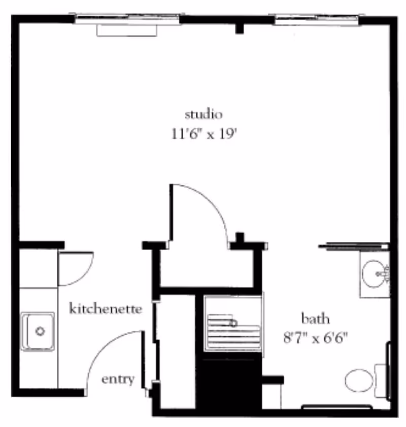 Floor plan of a studio apartment at Kauhale Port City showing a studio area measuring 11 feet 6 inches by 19 feet, a kitchenette near the entry, and a bathroom measuring 8 feet 7 inches by 6 feet 6 inches.