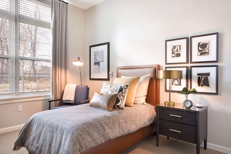 A neatly made single bed in a bright, modern bedroom with a bedside table, lamp, framed art, and a large window with curtains.
