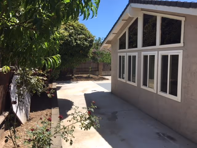 Outdoor view of a pathway alongside a building with multiple windows. There are plants and trees on the left side and a wooden fence in the background under a clear blue sky.
