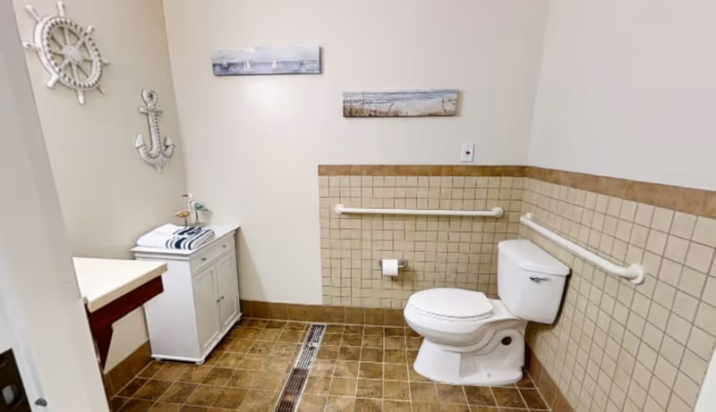 Accessible bathroom with a toilet, wall-mounted grab bars, a small cabinet, and nautical wall decor.