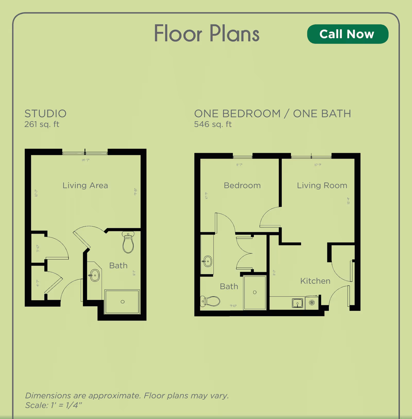 Graphic showing two apartment floor plans—a 261 sq ft studio and a 546 sq ft one-bedroom/one-bath—with labeled rooms on a light green background.