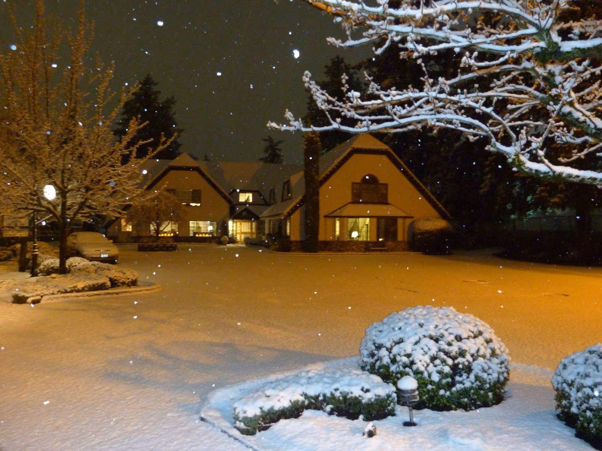A snow-covered residential care facility at night with warm lights glowing from the windows. Snow blankets the ground, bushes, trees, and a parked car in the driveway. Snowflakes are falling gently, creating a peaceful winter scene.