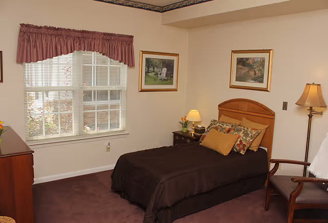 A cozy bedroom with a single bed covered in a dark brown comforter and multiple decorative pillows. There is a wooden headboard, a nightstand with a lamp and flowers, a wooden dresser, a window with blinds and a maroon valance, two framed pictures on the walls, a floor lamp, and a wooden chair with a cushion and a white throw.