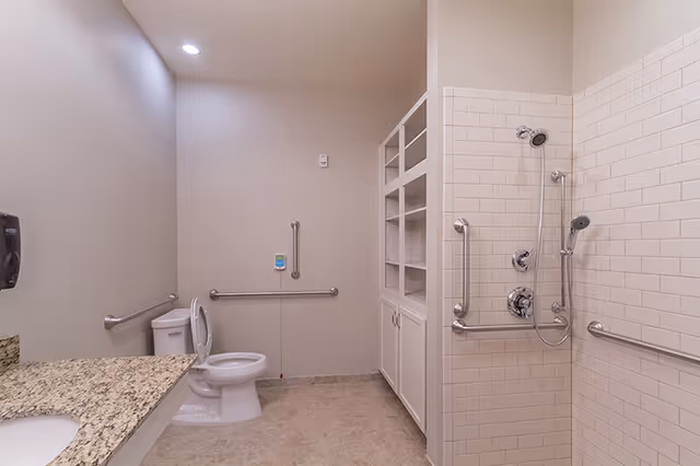 A clean, accessible bathroom with beige walls and tiled floor. The room features a toilet with grab bars on the wall behind and to the side, a granite countertop with a sink, a built-in shelving unit, and a walk-in shower with white subway tiles and multiple grab bars. The shower has a handheld showerhead and a fixed showerhead.