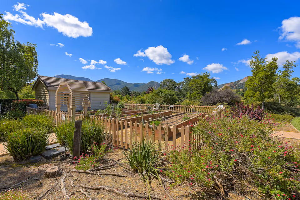 A sunny outdoor garden area with raised wooden garden beds enclosed by a wooden fence. There is a small shed with a tiled roof on the left side and several chairs placed around the garden. The background features green trees and distant mountains under a bright blue sky with scattered white clouds.