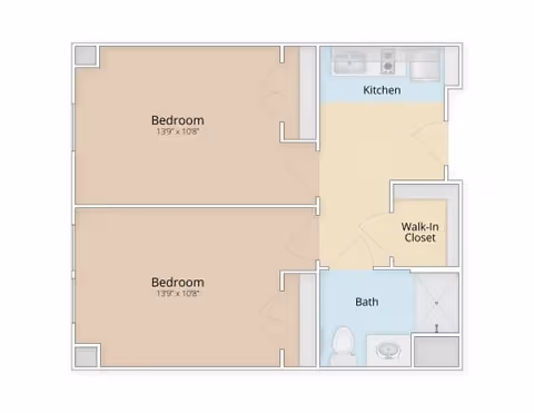 Two-bedroom apartment floor plan showing two equal bedrooms, a kitchen, walk-in closet, and a bathroom.