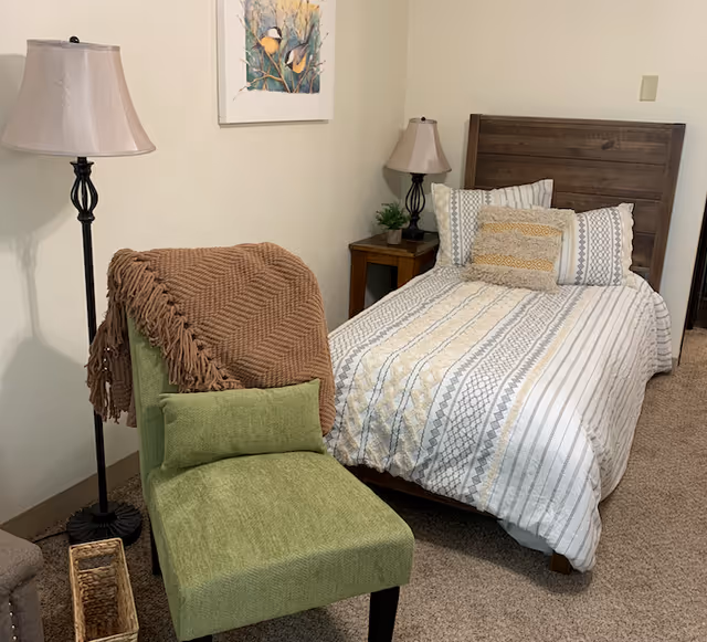 A cozy bedroom featuring a single bed with patterned bedding and multiple pillows, a wooden headboard, a wooden nightstand with a small plant and lamp, a green upholstered chair with a matching pillow and a brown knitted throw draped over it, a floor lamp, and a framed bird artwork on the wall.