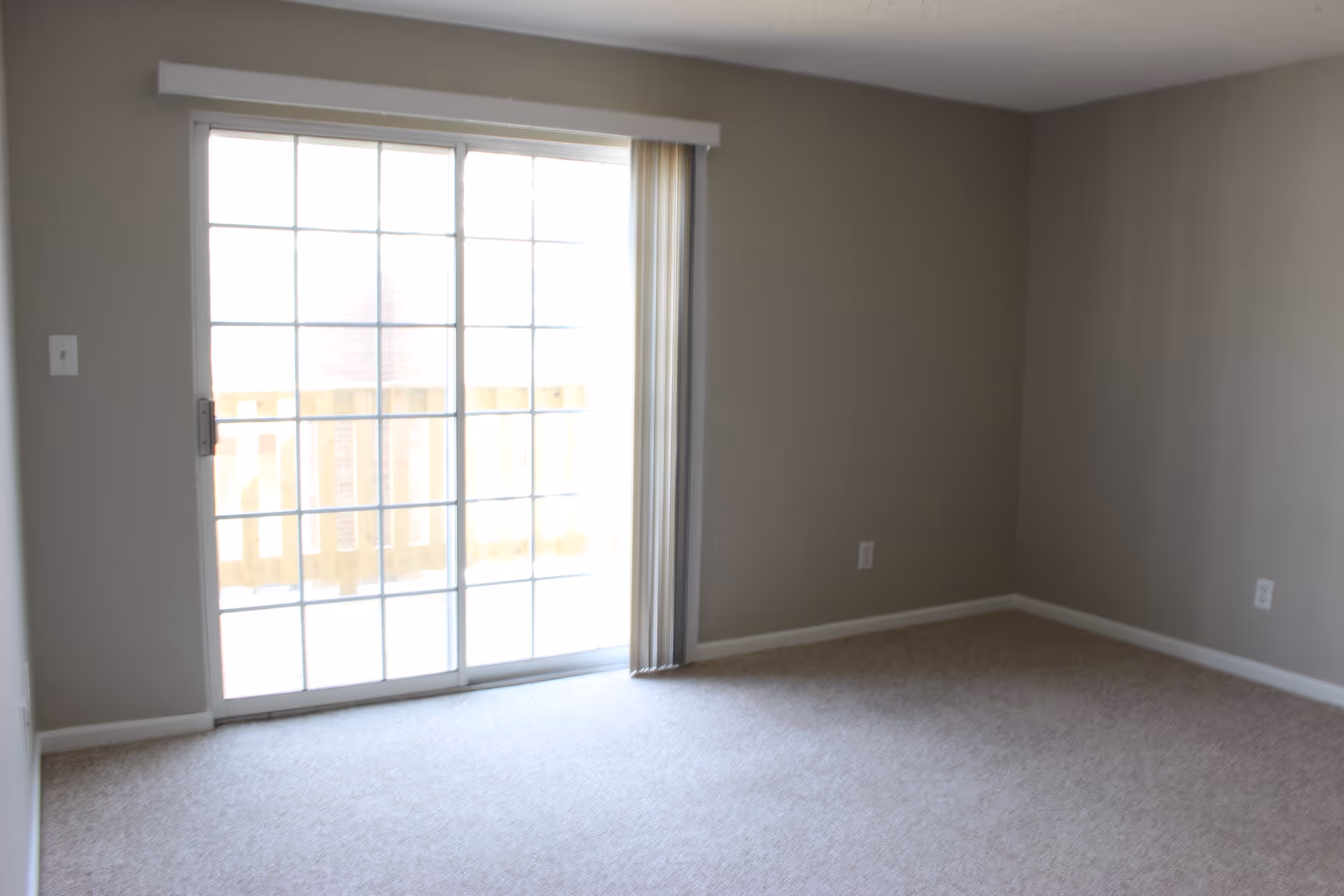Empty room with beige carpet and light gray walls featuring a large sliding glass door with vertical blinds leading to an outdoor balcony or patio.