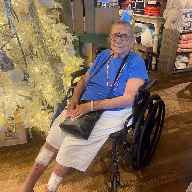 An elderly woman sitting in a wheelchair indoors near a decorated white Christmas tree with lights. She is wearing glasses, a blue shirt, white shorts, and has a black purse on her lap. The background shows shelves with folded blankets and other items.