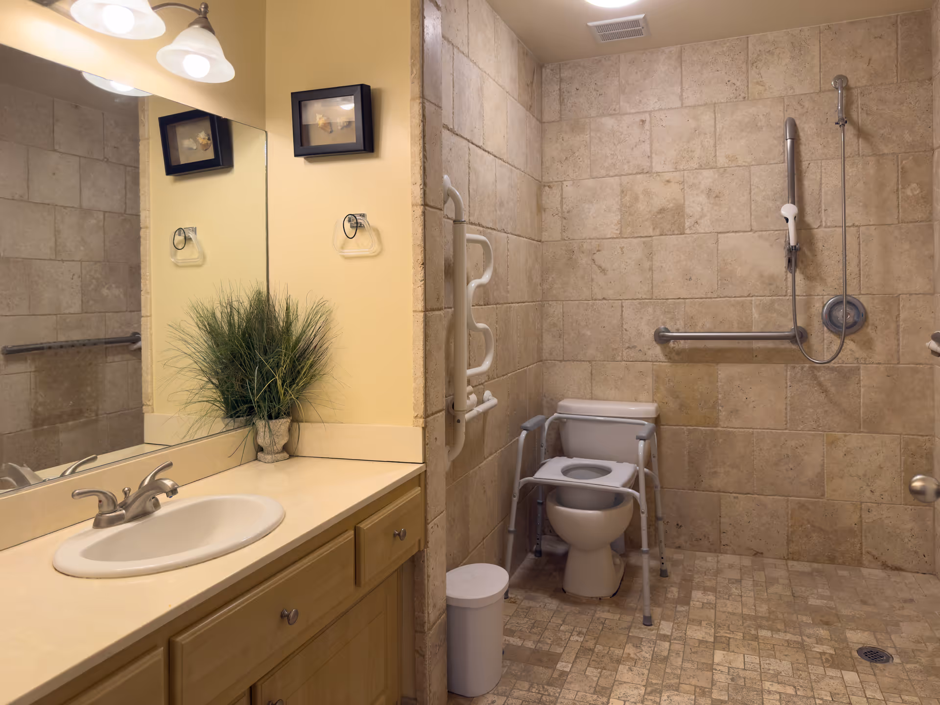Accessible bathroom with beige tiled walls and floor, featuring a toilet with safety rails and a shower area with a handheld showerhead and grab bars. A vanity with a sink, faucet, potted plant, and a large mirror is visible on the left side. The bathroom is well-lit with overhead lights.