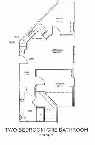 Architectural floor plan of a two-bedroom, one-bathroom apartment with a total area of 770 square feet. The layout includes a living room, dining area, kitchenette, pantry, closets, and an entryway.
